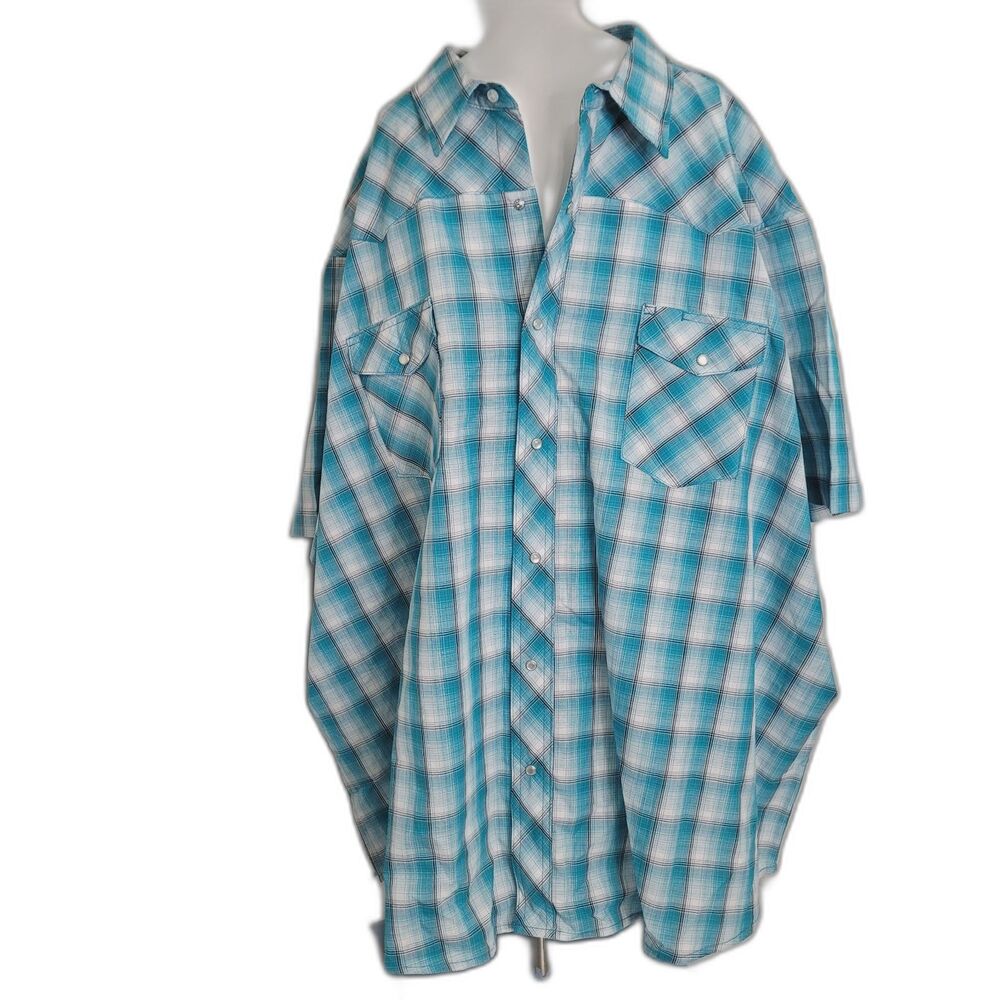 Wrangler size 4XL snap button front shirt top plaid blue pockets collar